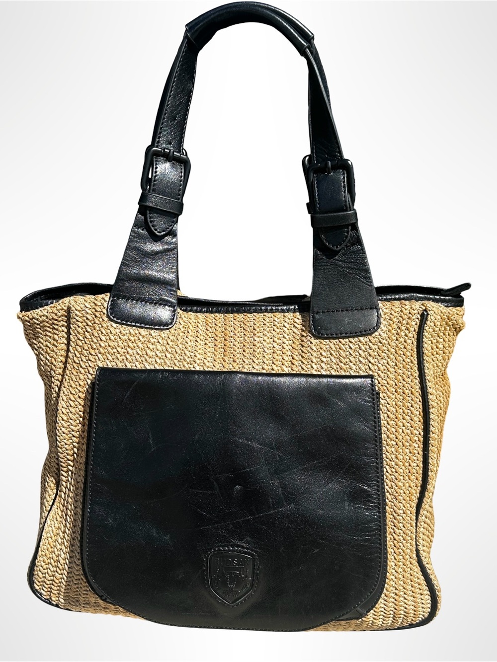 RUDSAK Straw Woven Leather Trim Tote Bag Black Flap Pocket Shoulder Purse